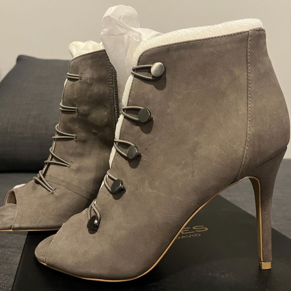 Grey Suede Peep Toe High Heel Booties New in Box size 8